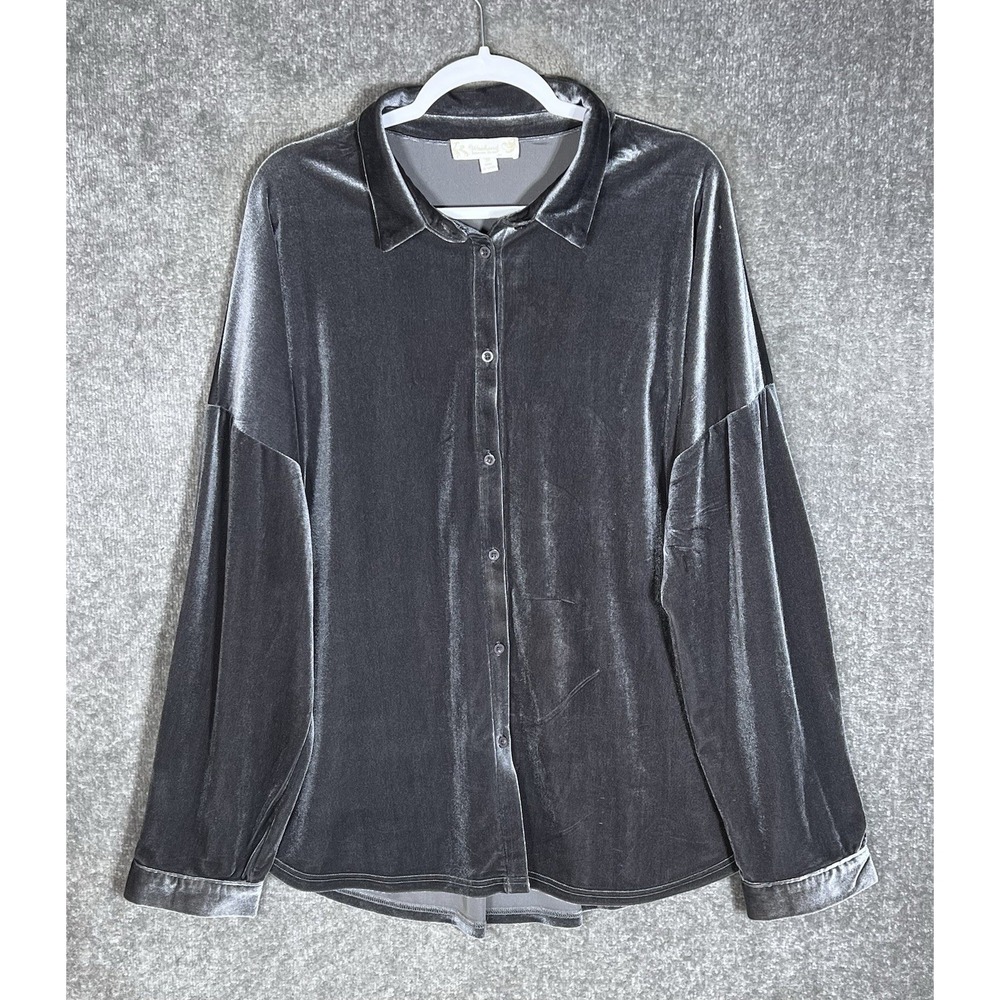Suzanne Betro Weekend Velvet Button Up Top Womens Sz 3X Gray Drop Shoulder